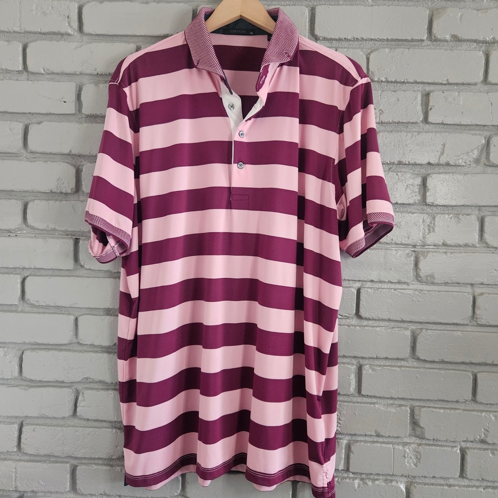 Greyson Mens XL Striped Performance Polo Shirt Pink Burgundy Short Sleeve Golf